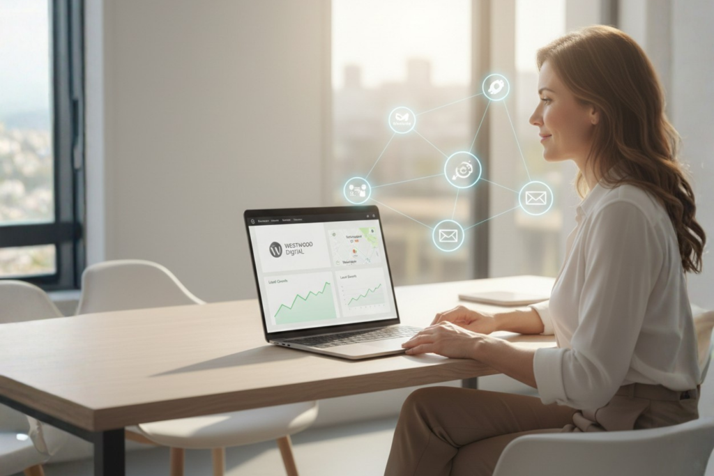 Local business owner reviewing a clear, automated marketing growth system on a WordPress site in 2026.