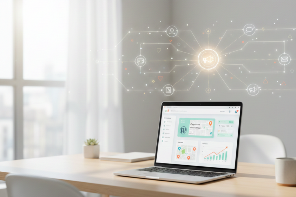 Modern digital marketing dashboard showing WordPress and CRM integration for local business growth.